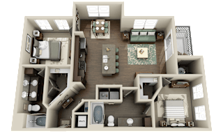 a 3d floor plan of a house with a bedroom and a living room