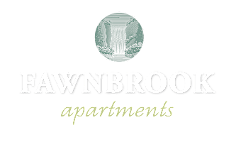 A logo for Fawnbrook Apartments is displayed on a green background.