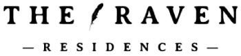 The Raven Residences logo with a black feather.