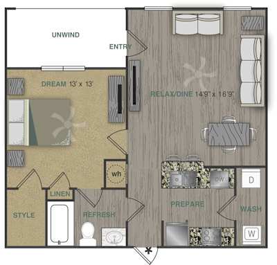 The Ridgecrest A1LG one bedroom floor plan