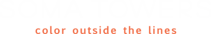 The image shows the text "SOMA TOWERS" in large white letters on a green background with an instruction to "color outside the lines" in smaller orange letters.