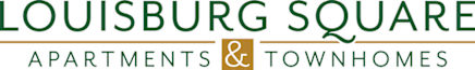 a green and brown logo with the words louisburg square apartments and townhomes