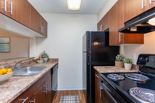 A kitchen with a black refrigerator and a black stove top oven. at Monaco Lakes, Denver, CO, 80222