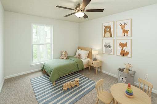 A room with a bed, a chair, a table, and a ceiling fan.