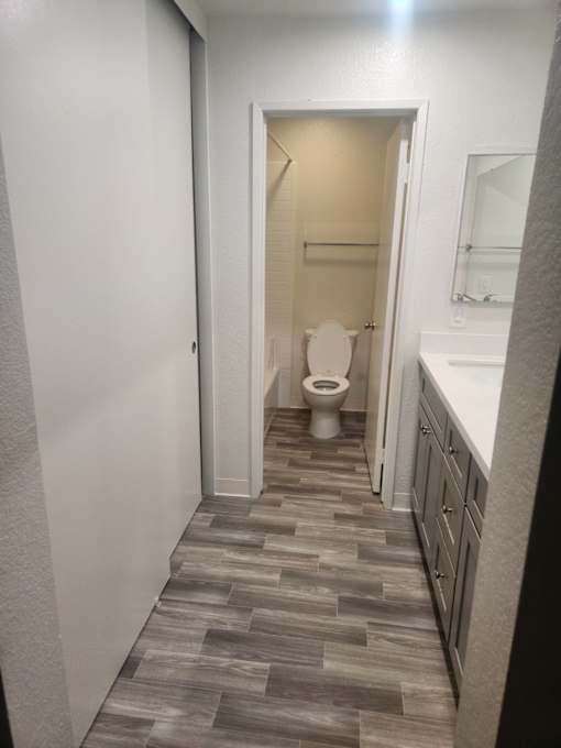 A bathroom with a toilet and a sink.