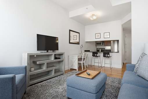 A living room with a grey couch, a grey chair, a grey cabinet, a grey rug, a grey floor, a grey wall, a grey ceiling, a grey floor, a grey wall, a grey floor, a grey wall,