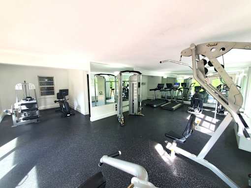 A gym with a variety of equipment including a treadmill, weights, and a bench press.
