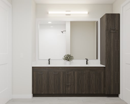 Bathroom with Double Sink at Amara Luxury Apartments, California, 95834