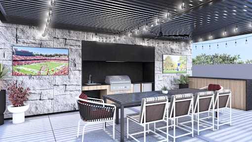 Modern outdoor dining area at Amara Luxury Apartments, Sacramento, CA