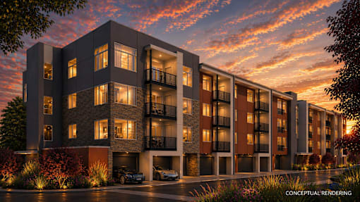 A modern apartment building with balconies and a car parked in front.