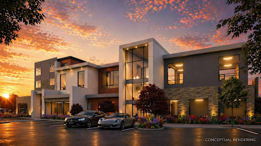 A modern house with a car parked in front of it.