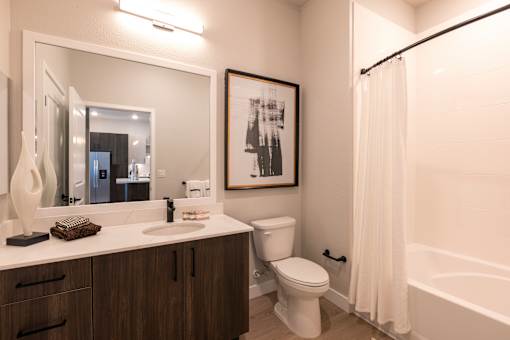 A bathroom with a vanity, sink, toilet and showernd a white bathtub.