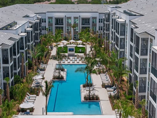 an aerial view of swimming pool courtyard Mira at Palmer Ranch in Sarasota
