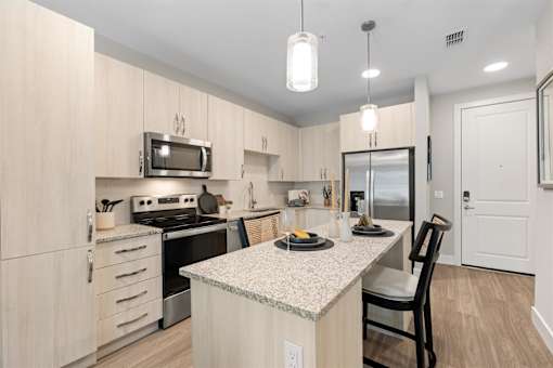 a kitchen with a large island with a granite counter top and stainless steel appliances at Mira at Palmer Ranch, Sarasota, FL