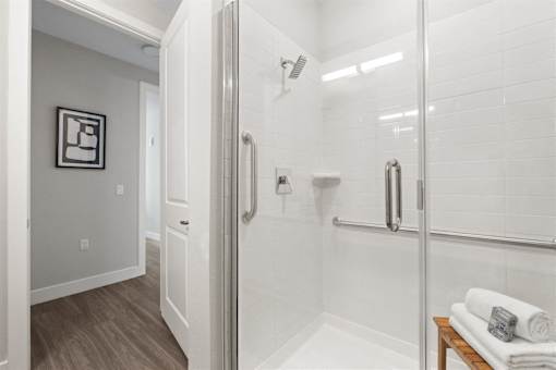 Bright Bathroom with a shower with a glass door at Mira at Palmer Ranch, Sarasota, FL, Florida