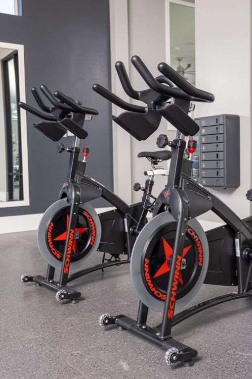 a group of spin bikes in a gym