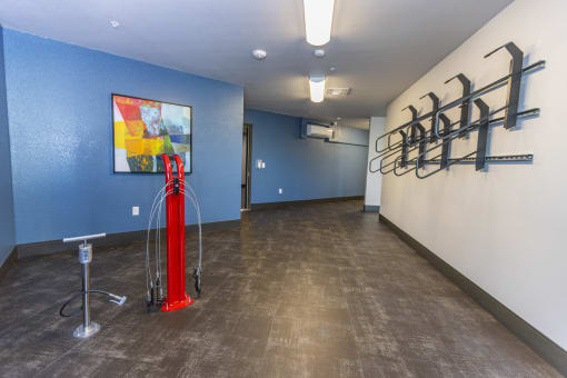 Bike Storage room with bike storage and repair stationl at Zeta Luxury Apartments in Sacramento, CA