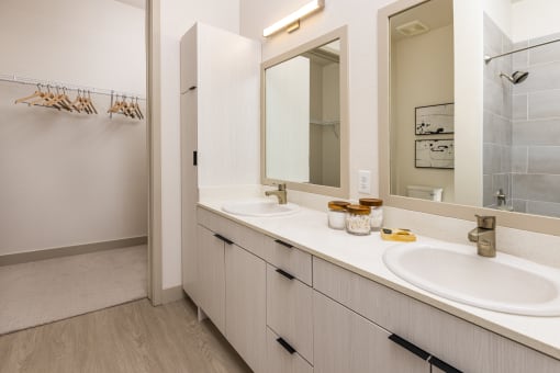 Double sink bath vanity and large walk in closet at Zeta Luxury Apartments in Sacramento, CA