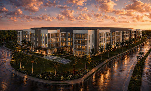 A modern residential complex with a pool and palm trees.