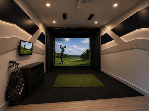 A room with a golf simulator and a golf bag.