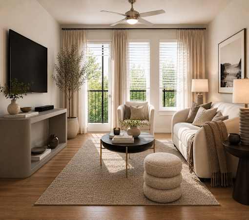 A living room with a flat screen TV mounted on the wall.