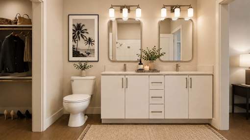 A bathroom with a white toilet and a white cabinet with a mirror above it.
