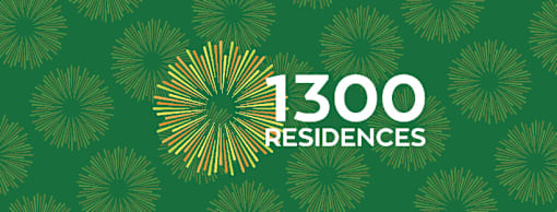 A graphic with a green background and a pattern of palm leaves, featuring the text "1300 RESIDENCES".