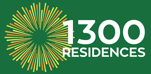 A graphic with a green background and a sunburst design with the number 1300 and the word Residences.