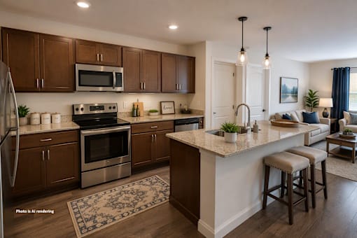A modern kitchen with dark wood cabinets and stainless steel appliances.