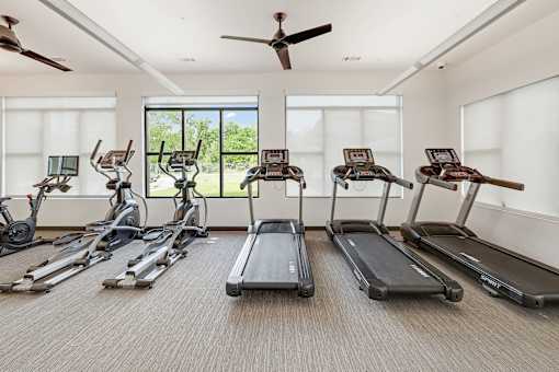 A room with a row of treadmills and elliptical machines.