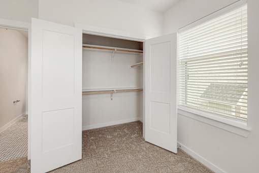 A white closet with a carpeted floor and a window with blinds.