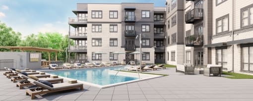 a rendering of an apartment building with a swimming pool