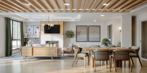 a rendering of a living room with a dining table and chairs