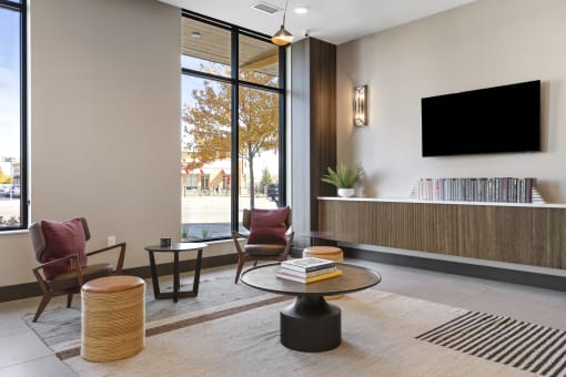 street side lobby lounge at apartments on robert street in west st paul