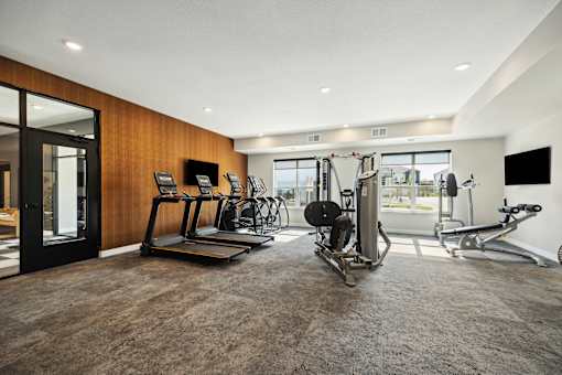 A spacious gym with treadmills, weights, and exercise bikes.