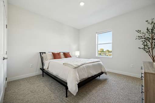 A bedroom with a bed, a window, and a plant.