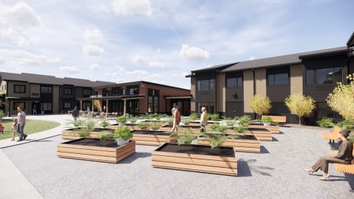 a rendering of a courtyard with wooden benches in front of apartment buildings