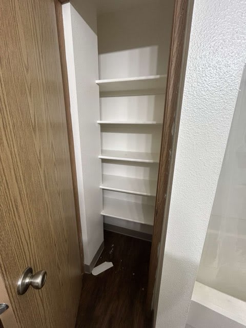 A white door with a silver handle is open to a small pantry with shelves.