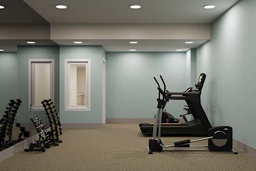 A gym with a treadmill, exercise bike, and dumbbells.