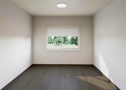 A room with a window that shows a green outdoor scene.