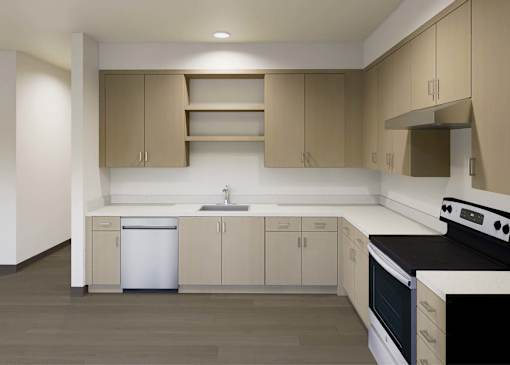 A kitchen with a white dishwasher and black stove top oven.