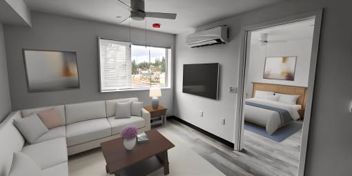 a rendering of a hotel room with a couch and a table