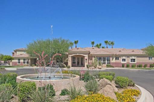 Exterior view with fountain at The Groves, Mesa, AZ