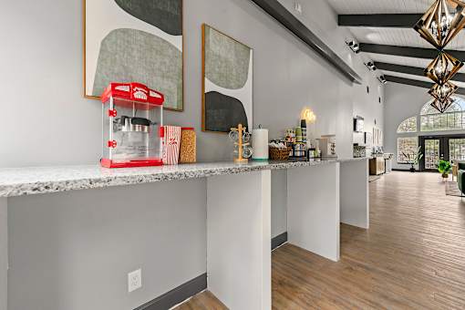 Coffee bar and popcorn station at Fields at Peachtree Corners, Norcross, 30092