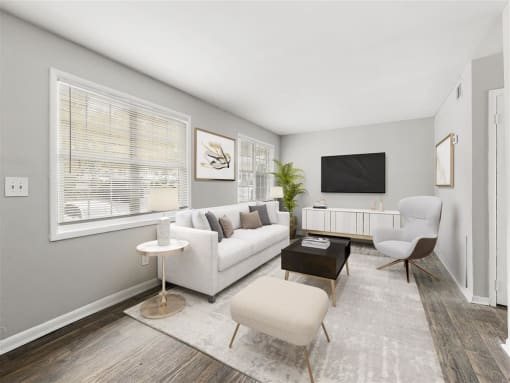 Spacious Living Room New Flooring Throughout  at Pinewood Townhomes, Tucker, GA, 30084