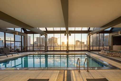 the pool at the top of the building has views of the city at ELEVATE Apartment Homes, Minneapolis, Minnesota 55403