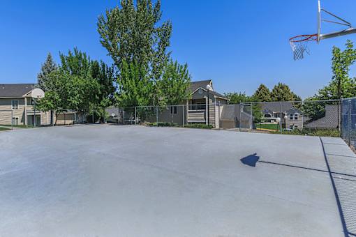 A basketball court with a hoop and a fence in the background.