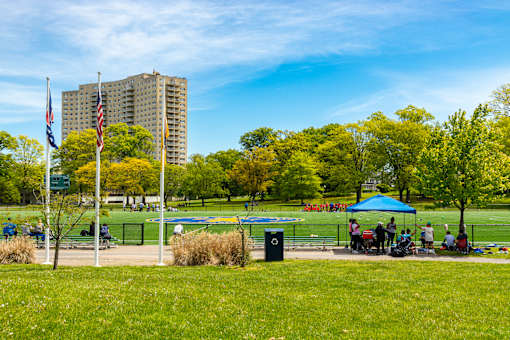 Neighborhood park with greenery and walking paths near Essex & Crane, Orange NJ