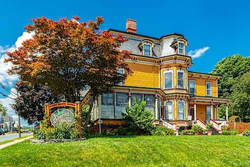 A yellow Victorian style house with a tree in front.