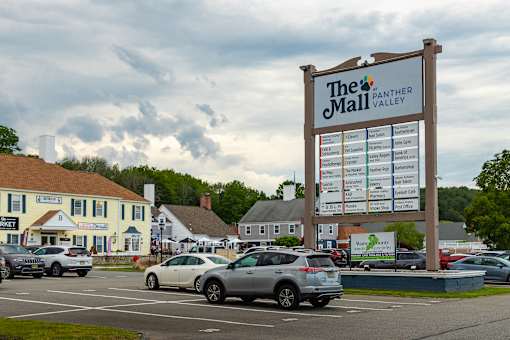 A sign for The Panther Mall Valley stands in front of a parking lot.